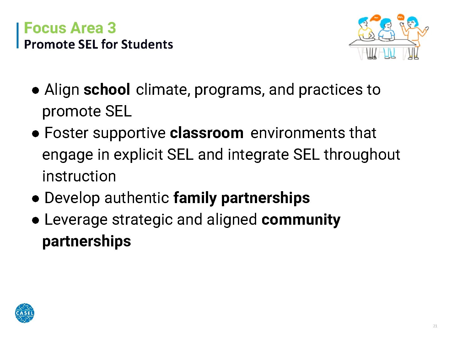 Focus Area 3 Promote SEL for Students ● Align school climate, programs, and practices