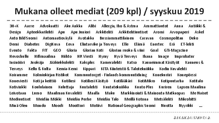 Mukana olleet mediat (209 kpl) / syyskuu 2019 3 H+K Aarre Advokaatti Aku Ankka