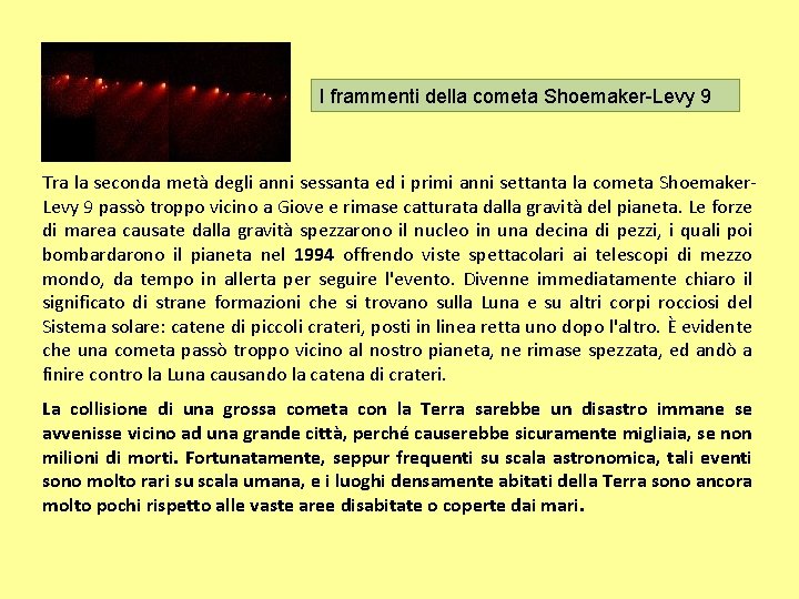 I frammenti della cometa Shoemaker-Levy 9 Tra la seconda metà degli anni sessanta ed