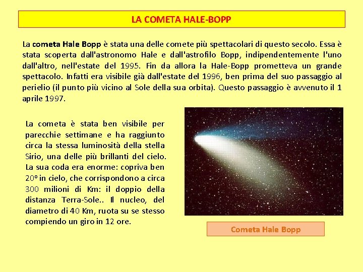 LA COMETA HALE-BOPP La cometa Hale Bopp è stata una delle comete più spettacolari