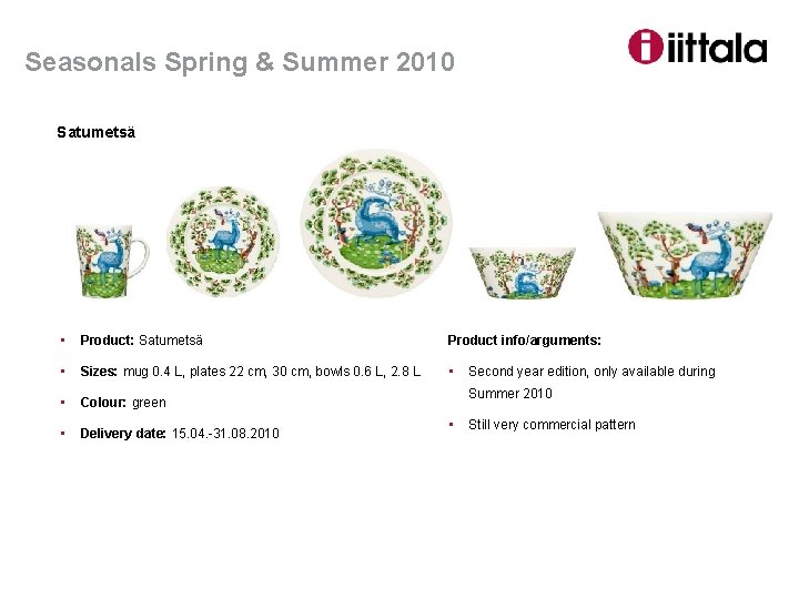 Seasonals Spring & Summer 2010 Satumetsä • Product: Satumetsä Product info/arguments: • Sizes: mug