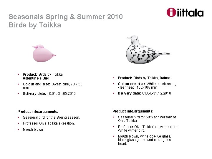 Seasonals Spring & Summer 2010 Birds by Toikka • Product: Birds by Toikka, •