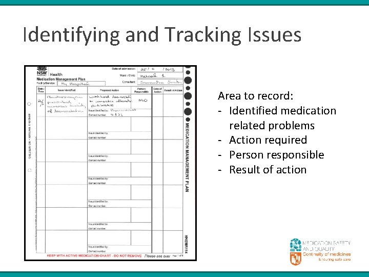 Identifying and Tracking Issues Area to record: - Identified medication related problems - Action