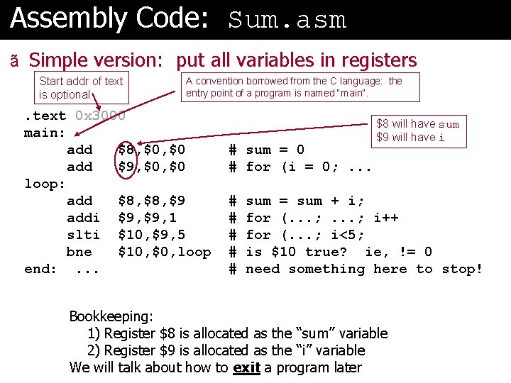Assembly Code: Sum. asm ã Simple version: put all variables in registers Start addr
