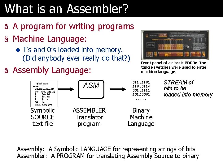 What is an Assembler? ã A program for writing programs ã Machine Language: l
