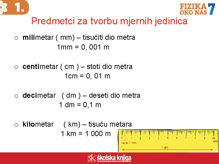 Predmetci za tvorbu mjernih jedinica o milimetar ( mm) – tisućiti dio metra 1