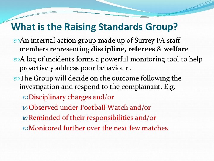 What is the Raising Standards Group? An internal action group made up of Surrey