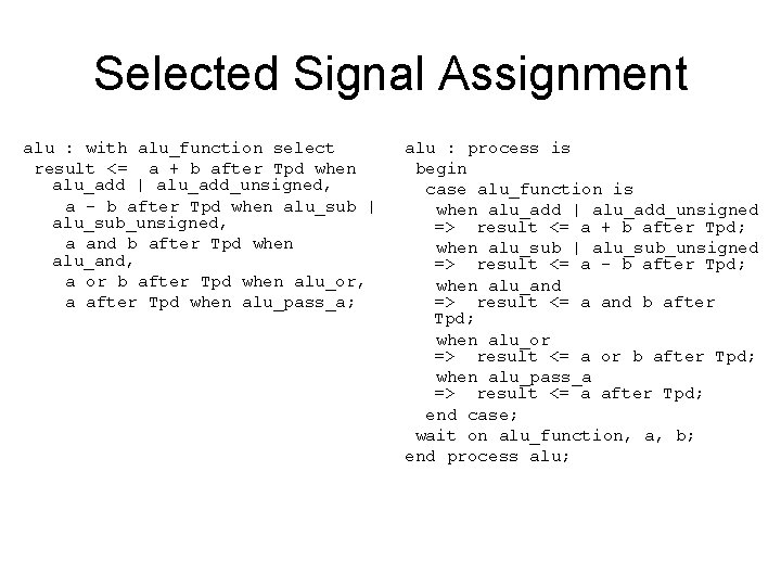 Selected Signal Assignment alu : with alu_function select result <= a + b after