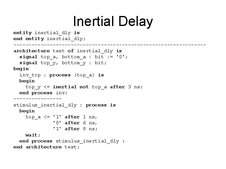 Inertial Delay entity inertial_dly is end entity inertial_dly; --------------------------------architecture test of inertial_dly is signal