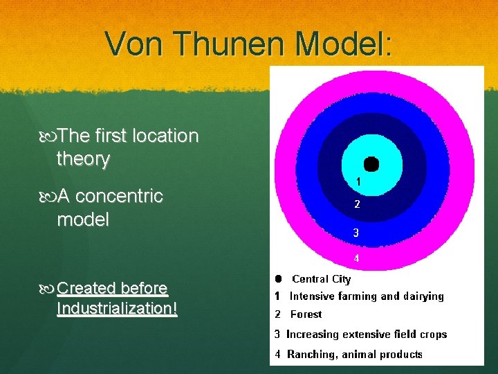 Von Thunen Model: The first location theory A concentric model Created before Industrialization! 