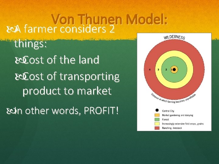 Von Thunen Model: A farmer considers 2 things: Cost of the land Cost of