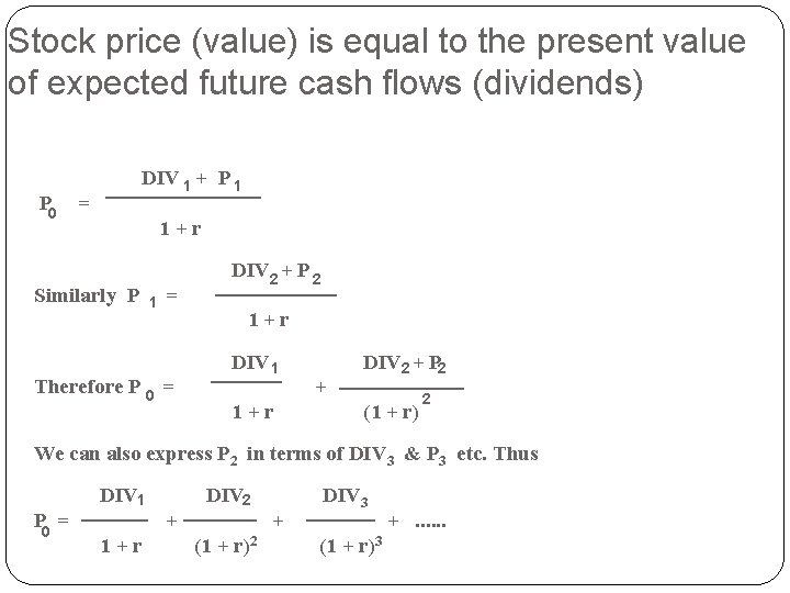 Stock price (value) is equal to the present value of expected future cash flows