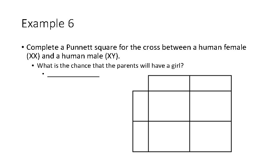 Example 6 • Complete a Punnett square for the cross between a human female