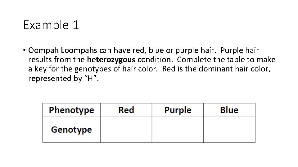 Example 1 • Oompah Loompahs can have red, blue or purple hair. Purple hair