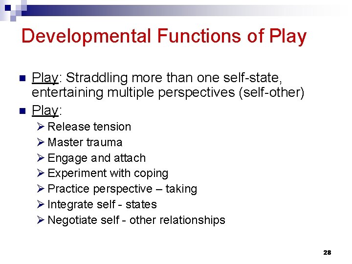 Developmental Functions of Play n n Play: Straddling more than one self-state, entertaining multiple