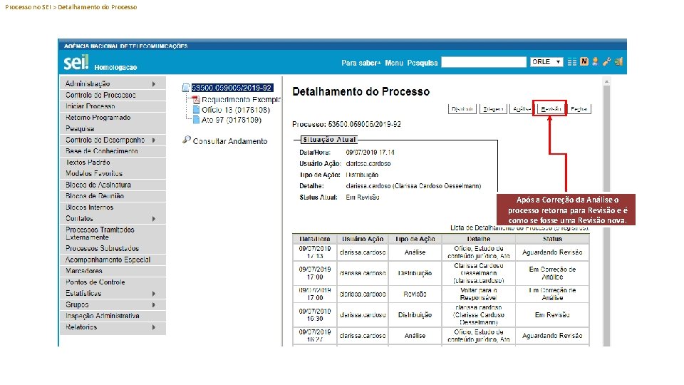 Processo no SEI > Detalhamento do Processo Após a Correção da Análise o processo