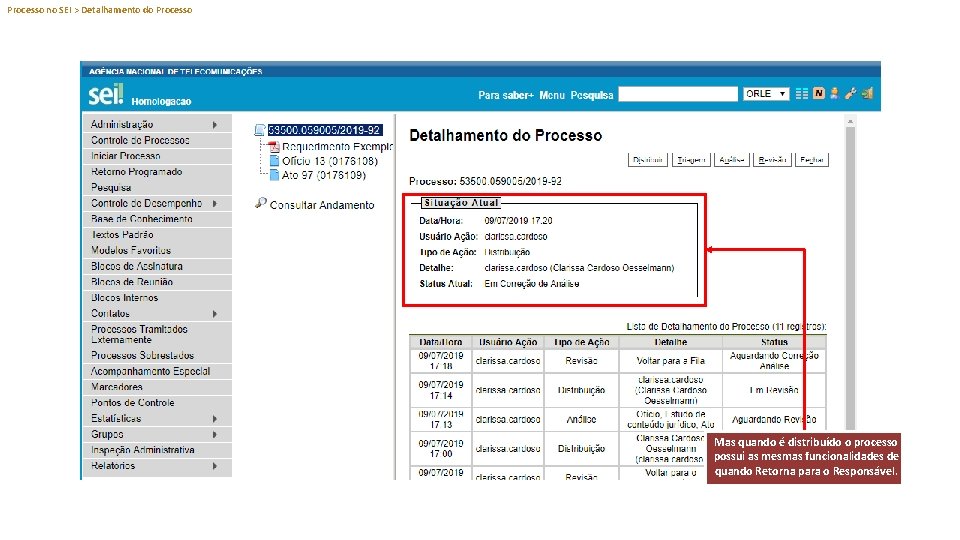 Processo no SEI > Detalhamento do Processo Mas quando é distribuído o processo possui