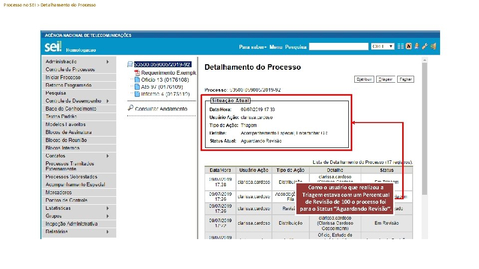 Processo no SEI > Detalhamento do Processo Como o usuário que realizou a Triagem