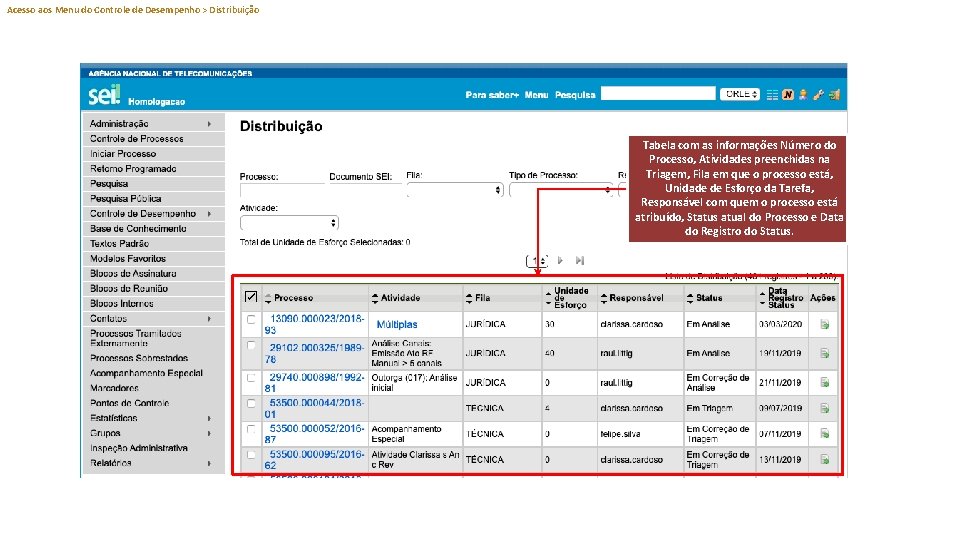 Acesso aos Menu do Controle de Desempenho > Distribuição Tabela com as informações Número