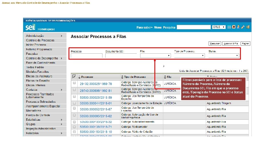 Acesso aos Menu do Controle de Desempenho > Associar Processos a Filas Filtros possíveis