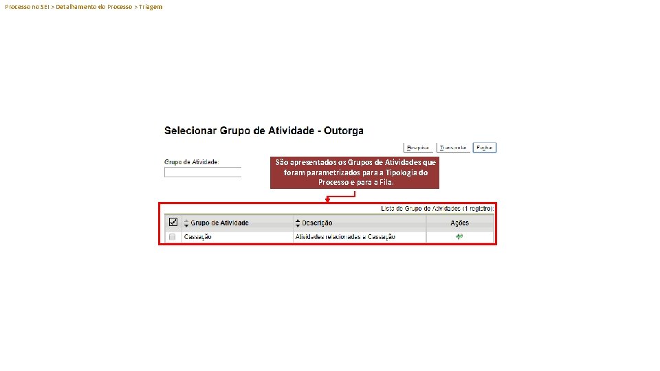 Processo no SEI > Detalhamento do Processo > Triagem São apresentados os Grupos de