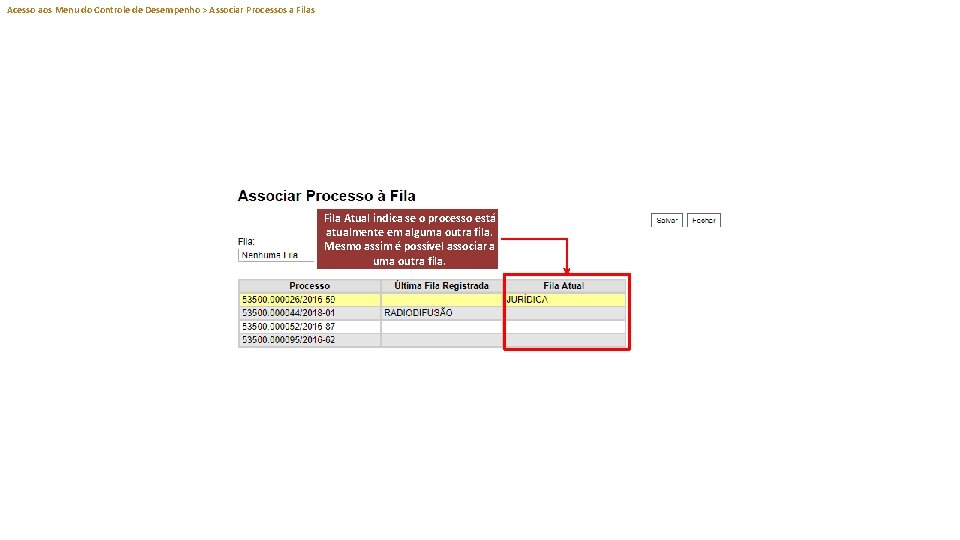 Acesso aos Menu do Controle de Desempenho > Associar Processos a Filas Fila Atual