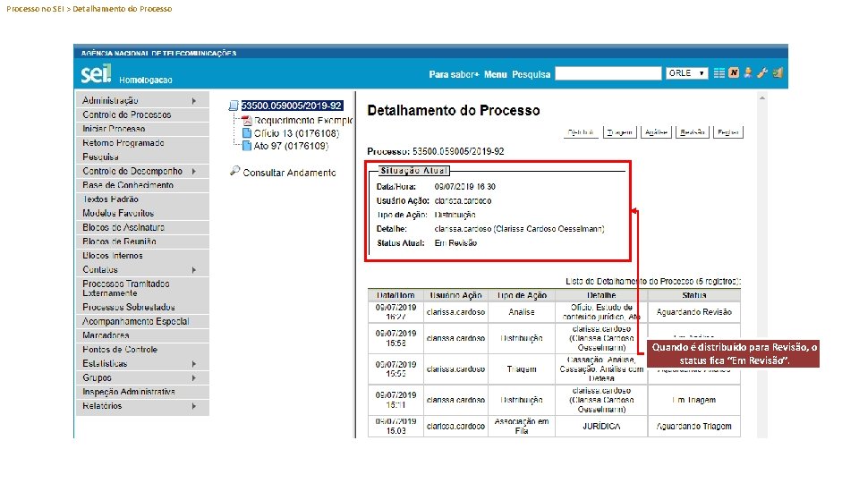 Processo no SEI > Detalhamento do Processo Quando é distribuído para Revisão, o status