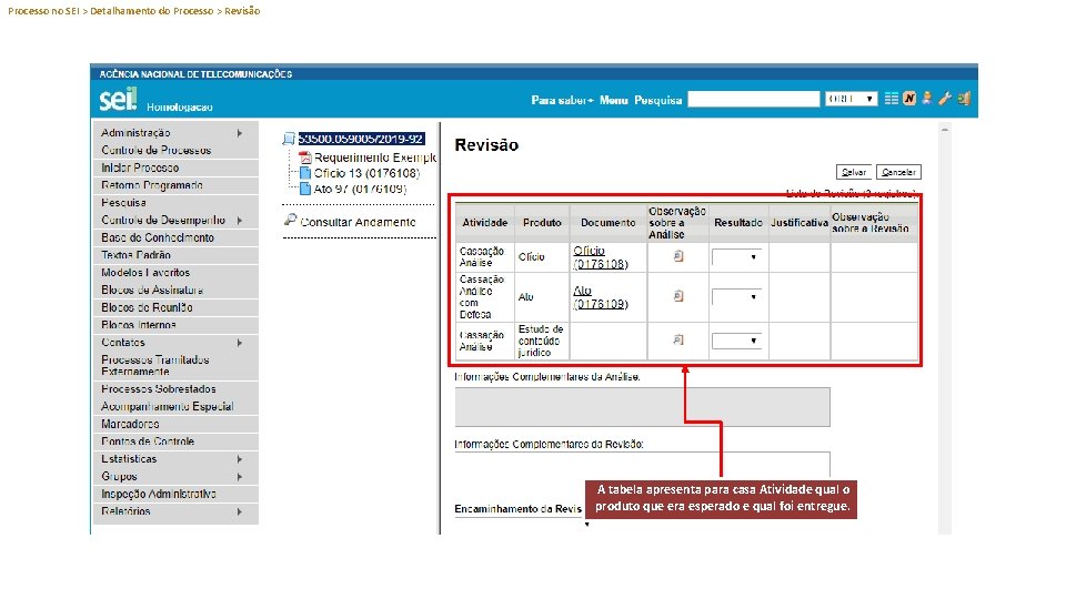 Processo no SEI > Detalhamento do Processo > Revisão A tabela apresenta para casa