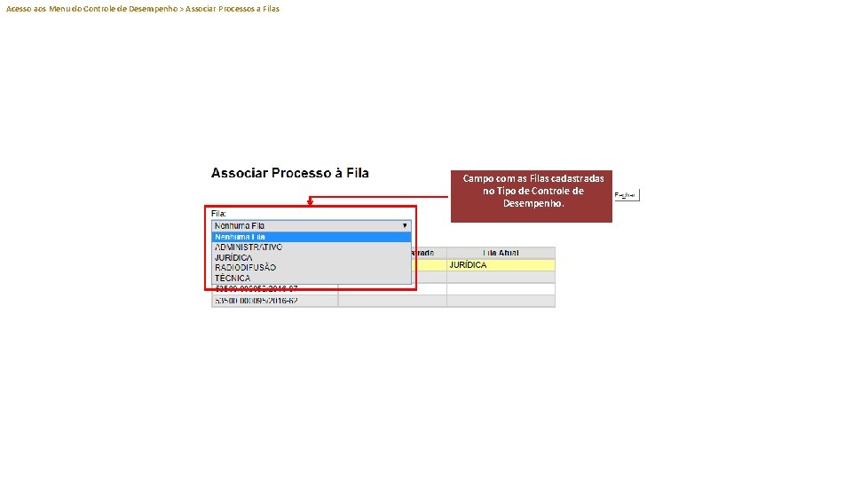 Acesso aos Menu do Controle de Desempenho > Associar Processos a Filas Campo com