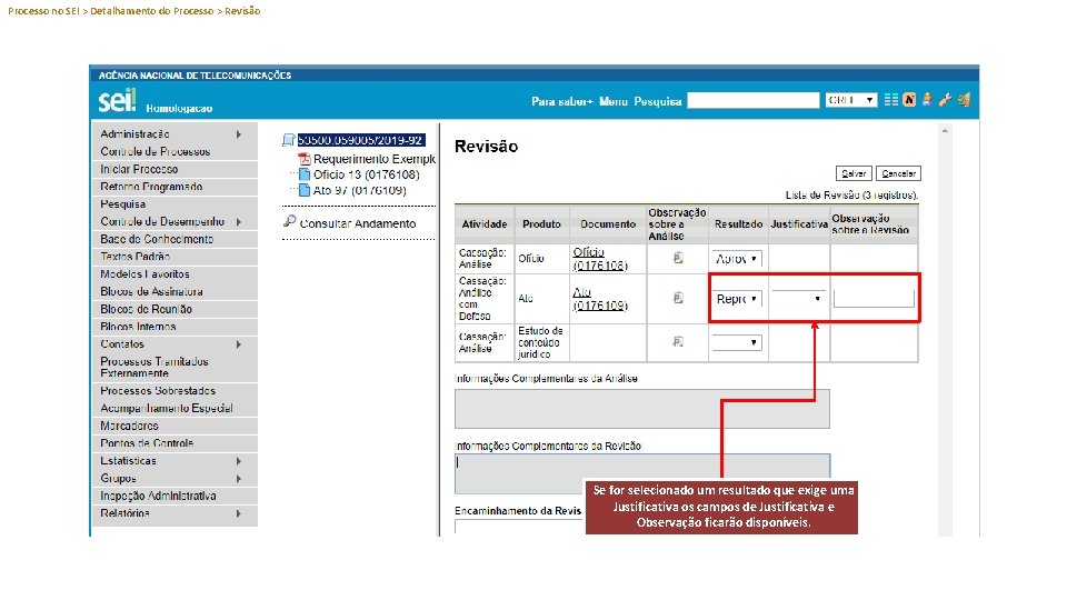 Processo no SEI > Detalhamento do Processo > Revisão Se for selecionado um resultado