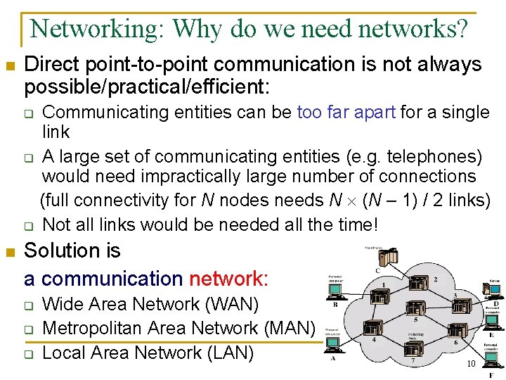 Networking: Why do we need networks? n Direct point-to-point communication is not always possible/practical/efficient: