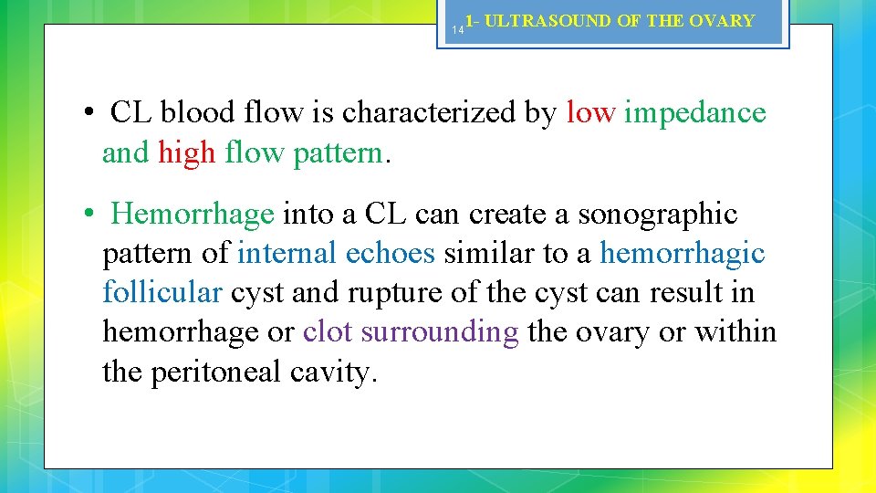 14 1 - ULTRASOUND OF THE OVARY • CL blood flow is characterized by