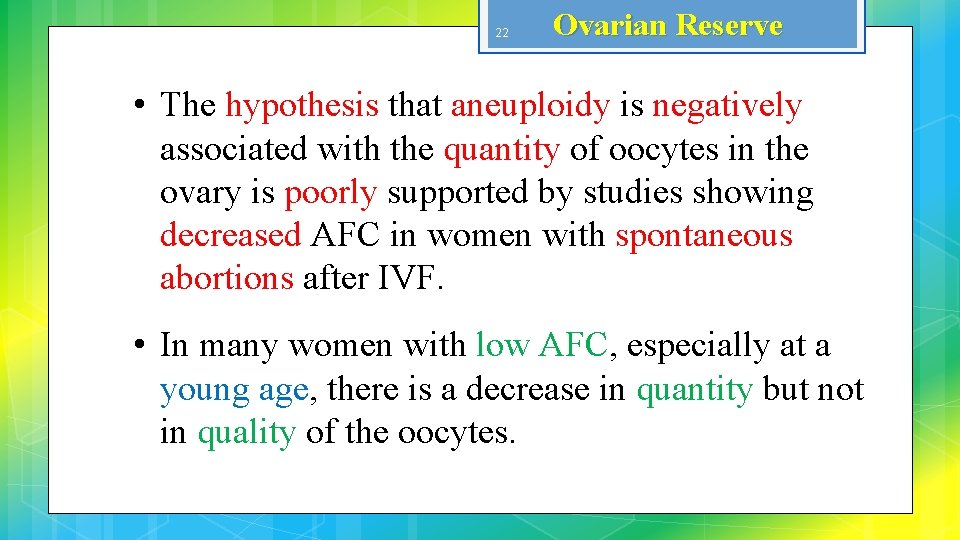 22 Ovarian Reserve • The hypothesis that aneuploidy is negatively associated with the quantity