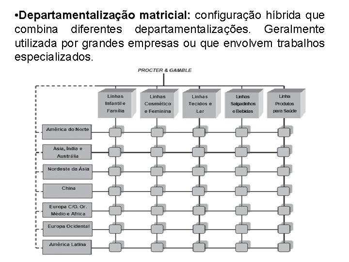  • Departamentalização matricial: configuração híbrida que combina diferentes departamentalizações. Geralmente utilizada por grandes