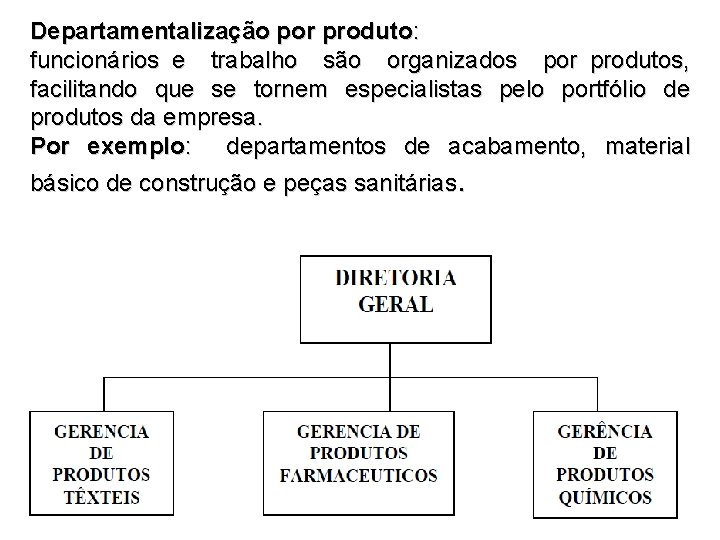 Departamentalização por produto: funcionários e trabalho são organizados por produtos, facilitando que se tornem