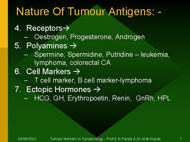 Nature Of Tumour Antigens: 4. Receptors – Oestrogen, Progesterone, Androgen 5. Polyamines – Spermine,