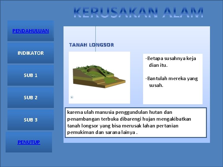 PENDAHULUAN TANAH LONGSOR INDIKATOR SUB 1 -Betapa susahnya keja dian itu. -Bantulah mereka yang