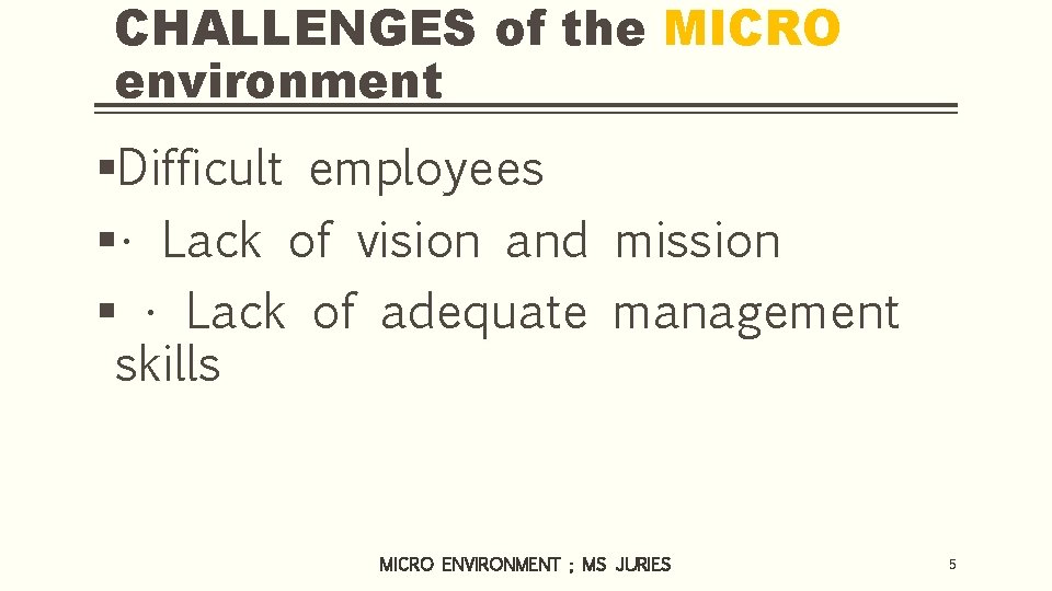 CHALLENGES of the MICRO environment §Difficult employees § • Lack of vision and mission