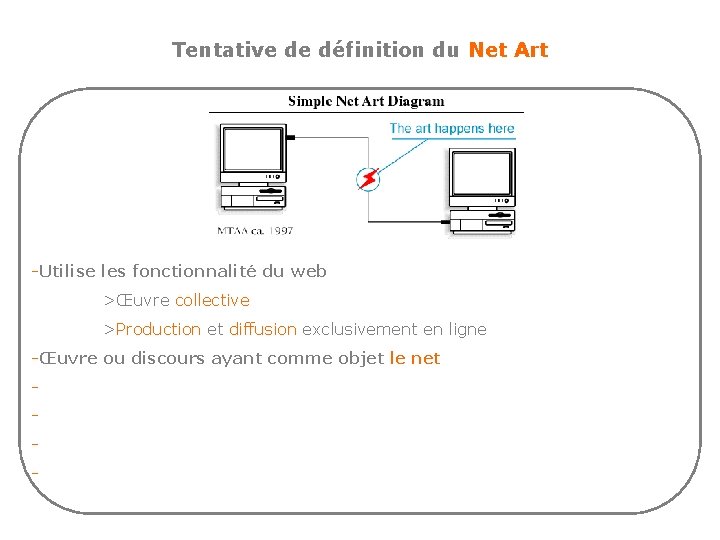 Tentative de définition du Net Art -Utilise les fonctionnalité du web >Œuvre collective >Production