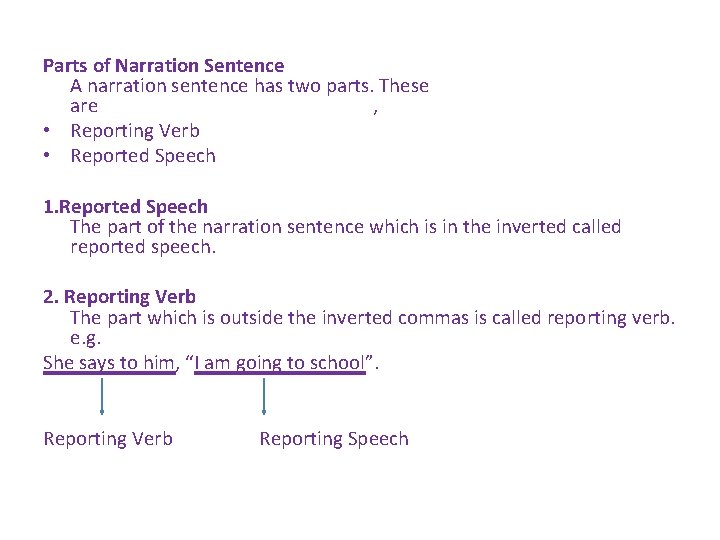 Parts of Narration Sentence A narration sentence has two parts. These are , •