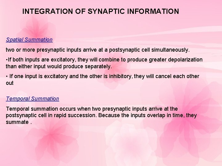 INTEGRATION OF SYNAPTIC INFORMATION Spatial Summation two or more presynaptic inputs arrive at a