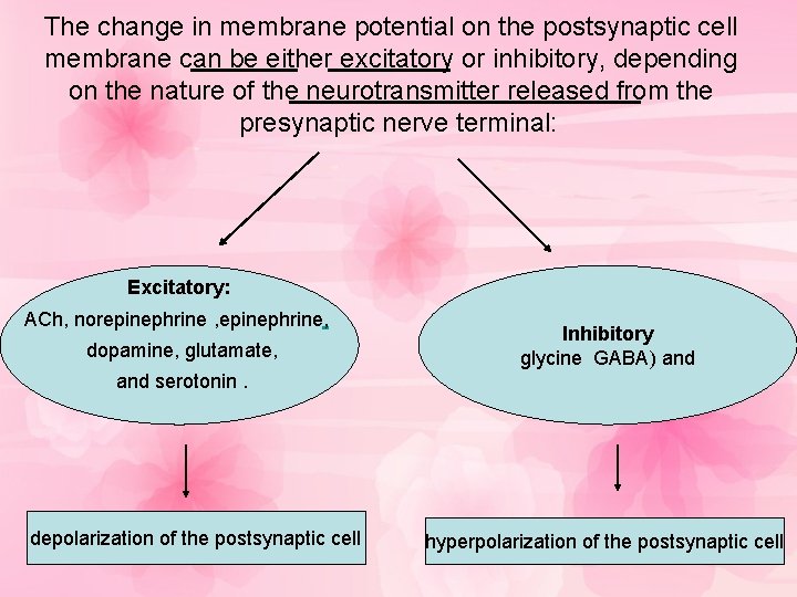 The change in membrane potential on the postsynaptic cell membrane can be either excitatory