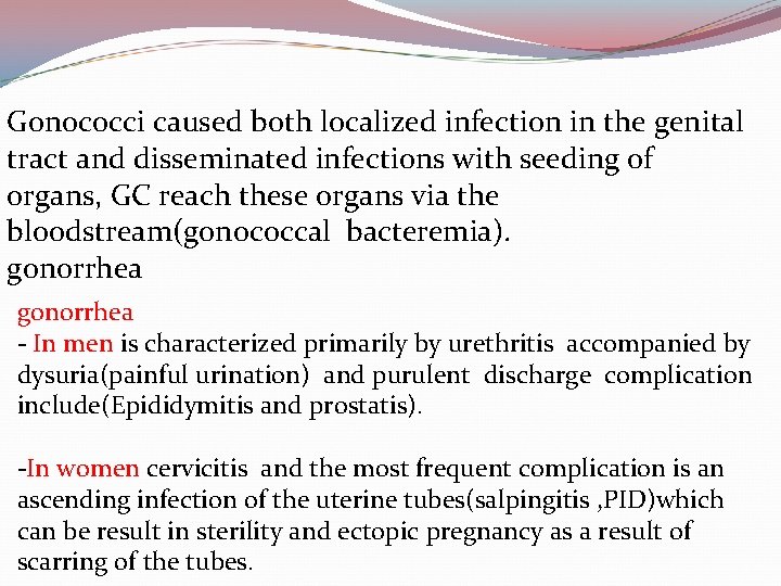 Gonococci caused both localized infection in the genital tract and disseminated infections with seeding