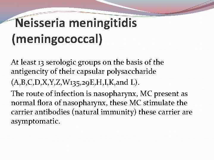 Neisseria meningitidis (meningococcal) At least 13 serologic groups on the basis of the antigencity