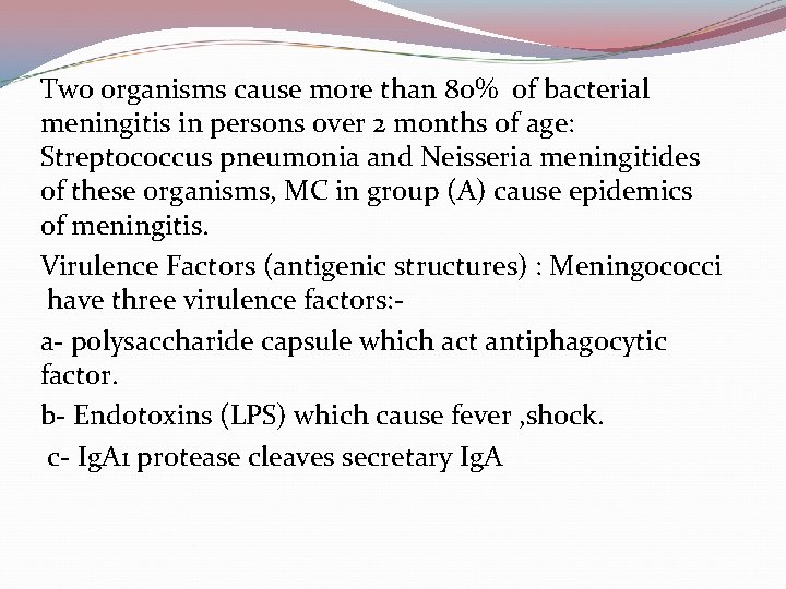 Two organisms cause more than 80% of bacterial meningitis in persons over 2 months