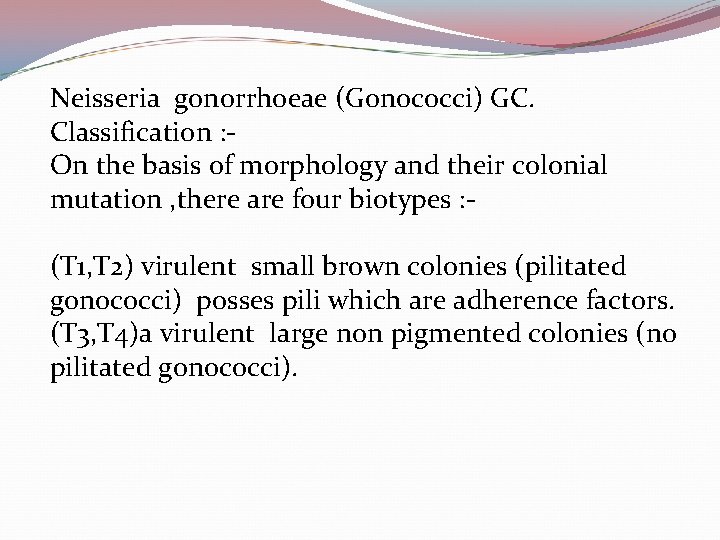 Neisseria gonorrhoeae (Gonococci) GC. Classification : On the basis of morphology and their colonial