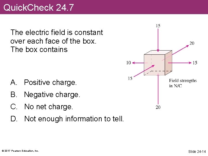 Quick. Check 24. 7 The electric field is constant over each face of the