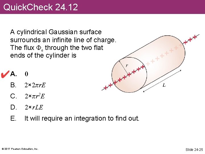 Quick. Check 24. 12 A cylindrical Gaussian surface surrounds an infinite line of charge.