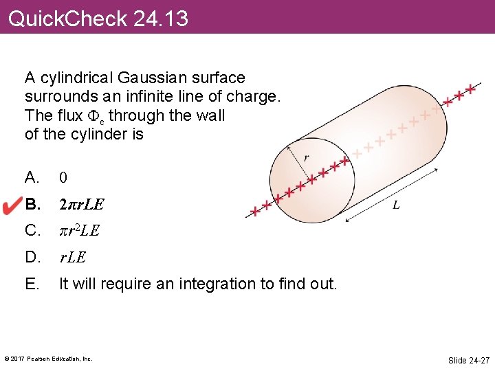 Quick. Check 24. 13 A cylindrical Gaussian surface surrounds an infinite line of charge.