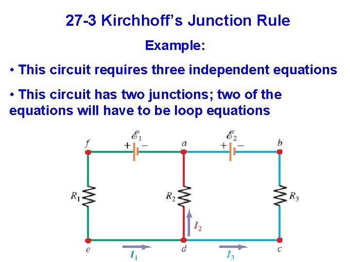 27 -3 Kirchhoff’s Junction Rule Example: • This circuit requires three independent equations •